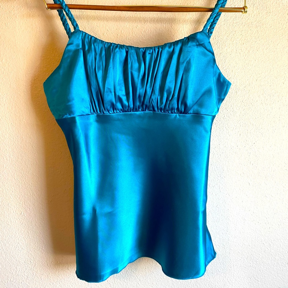 Blue silk tank top with braided straps